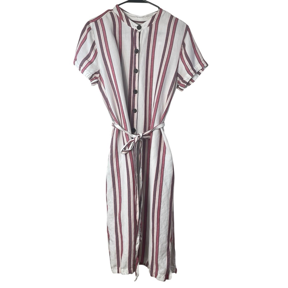 LOFT Linen Blend Striped Midi Dress Belted Button Front Summer Dress Women 12